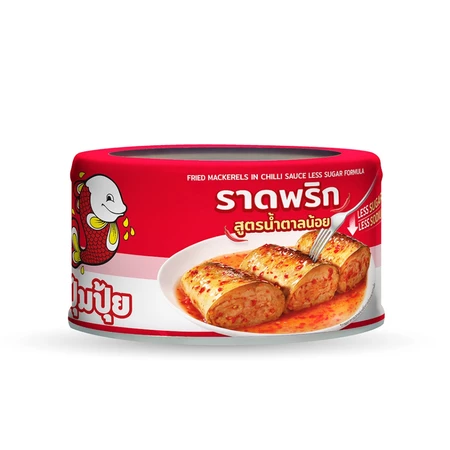 ปุ้มปุ้ย ปลาแมคเคอเรลทอดราดพริก สูตรน้ำตาลน้อย ขนาด 185 กรัม แพ็ค 6 กระป๋อง